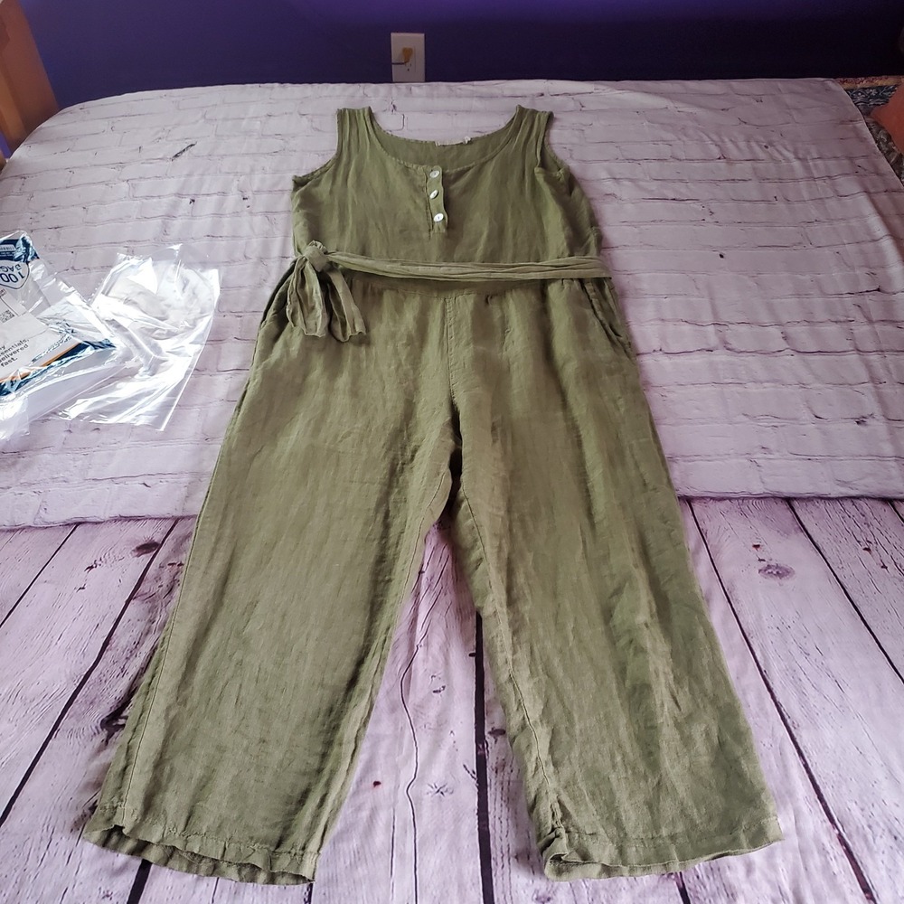 Sleeveless Linen Green Jumpsuit Wide-leg Waits Tie Preppy Casual Breathable Med
